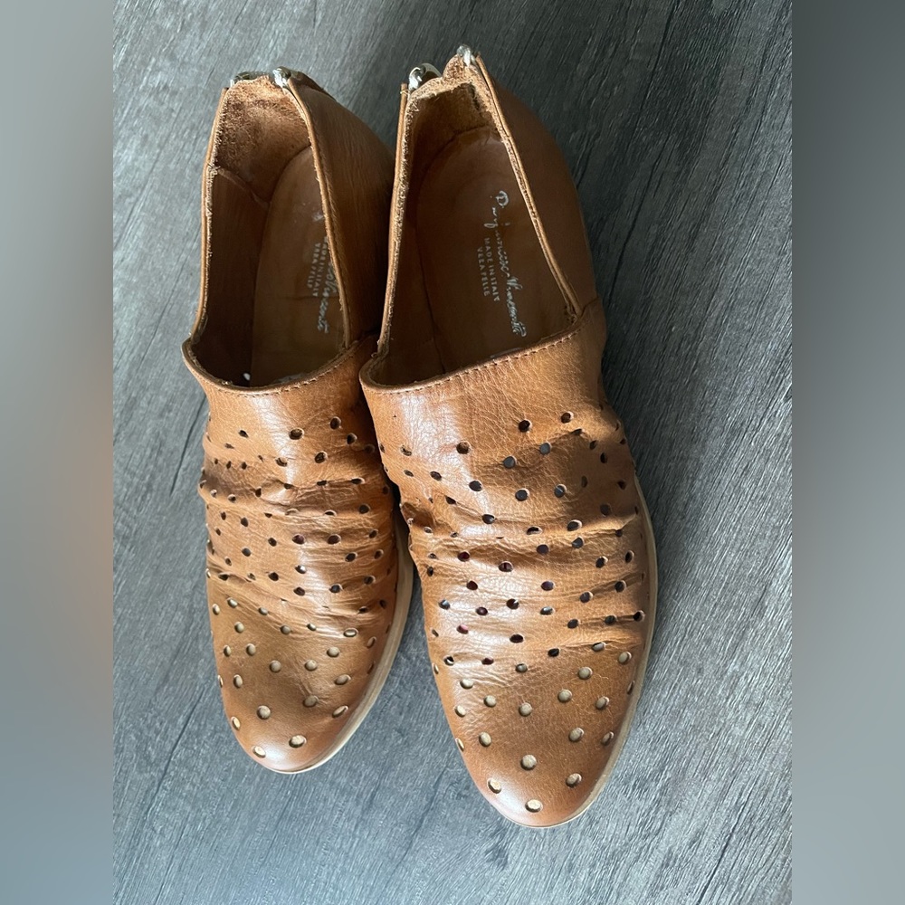 Pier francesco Vincents Tan Leather Eyelets Zip Cap Toe Flat Shoes - Picture 6 of 8